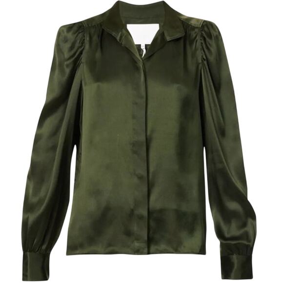 ♥️ FRAME Gillian Puff Sleeve Silk Shirt Surplus Green Long Sleeve Size M - Picture 3 of 14